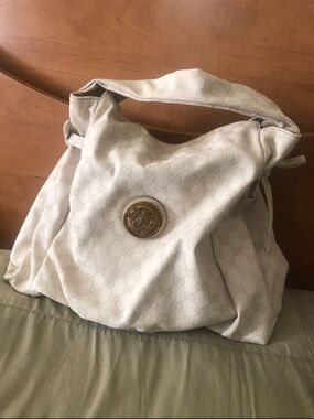 Gucci Cream Monogram Hobo Bag with Gold Medallion